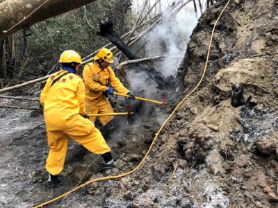 森林護管員於火場頂著濃煙、高溫進行滅火任務