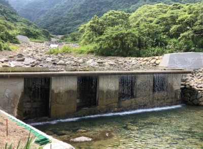 竹崎鄉金獅文峰村排水工程的之字形魚道，其外以臺灣獼猴圖樣增加當地景觀特色