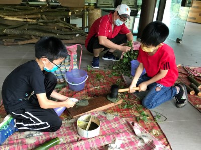 環教師帶領學員利用移除後的小花蔓澤蘭汁液做成染布顏料